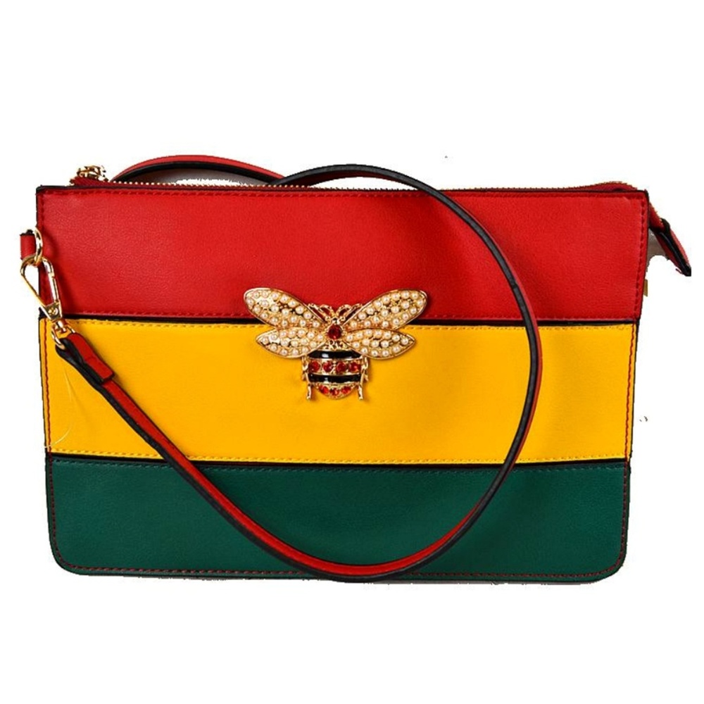Leather Red Yellow Green Striped Butterfly Clutch